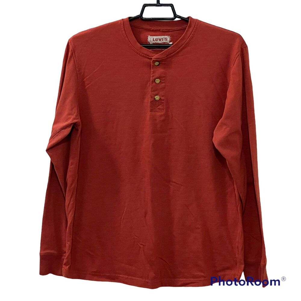 Levis Mens Henley Shirt Sz LG Orange Long Sleeve Cotton Blend Lightweight Shirt